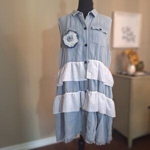 Sleeveless Denim Chambray Dress Tiered Ruffles Big Flower Accent Sz XL